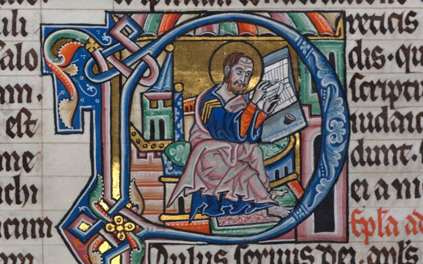 Into a letter P: St. Paul at the desk with ruled quire, writing, Eusebius Hieronymus, Hamburg Bible, 1255 (The Royal Library, Denmark, MS GKS 4 2°, vol. III, f. 125r)