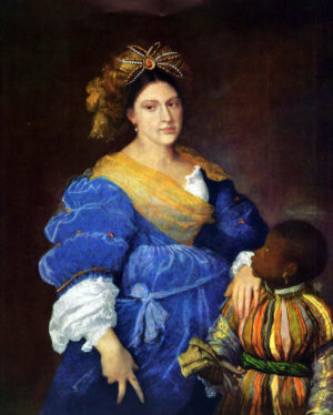 Titian, Portrait of Laura Dianti, c. 1520–25, oil on canvas, 119 cm × 93 cm (47 in × 37 in) (Collezione H. Kisters, Kreuzlingen)