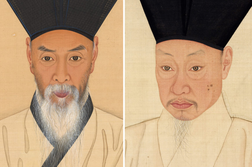 Left: detail, Portrait of Yi Chae, 1802 (Joseon Dynasty), ink and colors on silk, 98.4 x 56.3 cm, Treasure 1483 (National Museum of Korea); right: detail, Yi Myeonggi and Kim Hongdo, Portrait of Seo Jiksu, 1796, (Joseon Dynasty), ink and colors on silk, 148.8 x 72.4 cm, Treasure 1487 (National Museum of Korea)