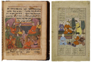 Left: King Ardashir ascends the throne amidst feasting and rejoicing, Ardashirnama, 17th century, Iran (Jewish Theological Seminary); Right: Bahram Gur and courtiers entertained by Barbad the Musician, from a Book of Kings (Shahnama) manuscript, second half 17th century, Iran, opaque watercolors, ink and gold on paper, 31.4 x 22 cm (Brooklyn Museum)