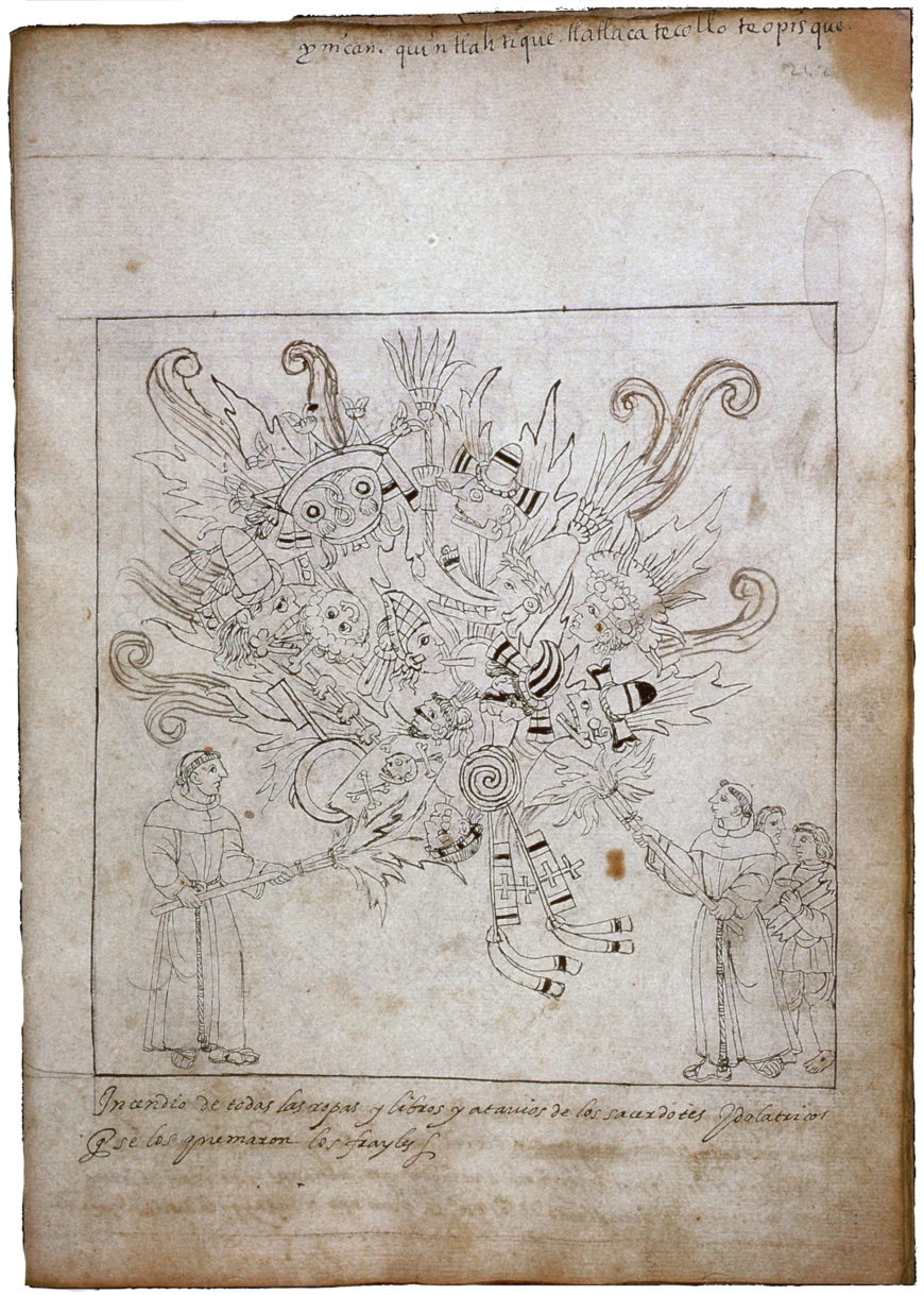 "Burning of Idols," drawn by an unidentified Indigenous artist, to accompany Diego Muñoz Camargo, Description of the City and Province of Tlaxcala, c. 1581–84 (Ms. Hunter 242, fol. 242r. ˝ Glasgow University Library, Scotland)