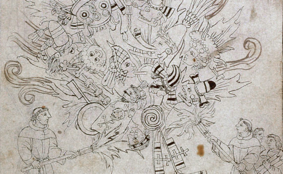 "Burning of Idols," drawn by an unidentified Indigenous artist, to accompany Diego Muñoz Camargo, Description of the City and Province of Tlaxcala, c. 1581–84 (Ms. Hunter 242, fol. 242r. ˝ Glasgow University Library, Scotland)