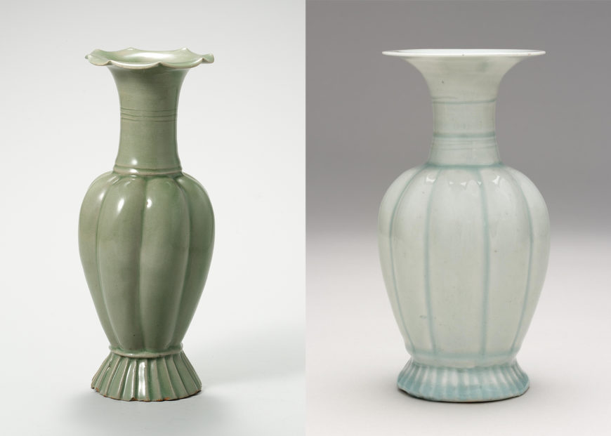 Left: Celadon Melon-shaped Bottle, early 12th century, Goryeo Dynasty, ceramic and celadon, 22.6 cm tall (The National Museum of Korea, National Treasure 94); Right: Qingbai lobed vase, 12th century, Song Dynasty, China, porcelain, 18 cm tall (The British Museum)