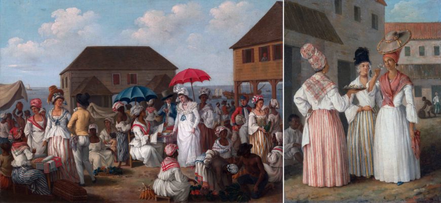 Left: Agostino Brunias, Linen Market, Dominica, c. 1780, oil on canvas, 49.8 × 68.6 cm (Yale Center for British Art); right: Agostino Brunias, A West Indian Flower Girl and Two other Free Women of Color, c. 1769, oil on canvas, 31.8 x 24.8 cm (Yale Center for British Art)