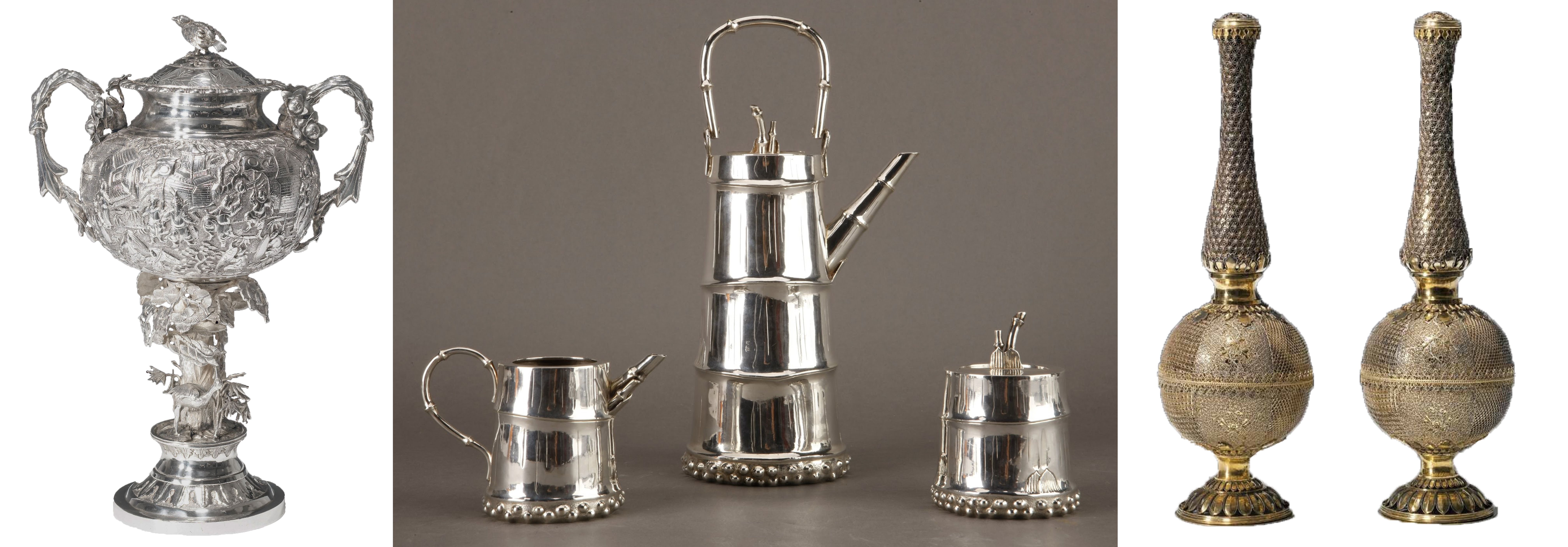 Chinese export silver. Left: standing cup with repose figures in landscape design and stand of pine tree and crane form, Cumshing, Canton, 19th century, silver 24 x 16.5 x 11.5 cm (Hong Kong Maritime Museum); center: set of bamboo-shaped tea service, 1900–1910, silver (Hong Kong Maritime Museum); right: rosewater sprinkler with floral pattern, late 18th century, filigree silver, 16 x 9 cm (Hong Kong Maritime Museum)