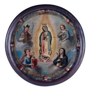 Francisco Martínez, Virgin of Guadalupe with Saints (nun's badge), 18th century, oil and gold leaf on copper with glass and tortoise-shell frame, diameter: 21.27 cm (Denver Art Museum)