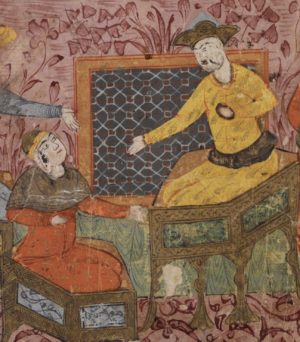 Queen Esther entertains Shah (King) Ardashir in the presence of Haman and other courtiers, Ardashirnama, late 17th century, Iran (The Library of the Jewish Theological Seminary)