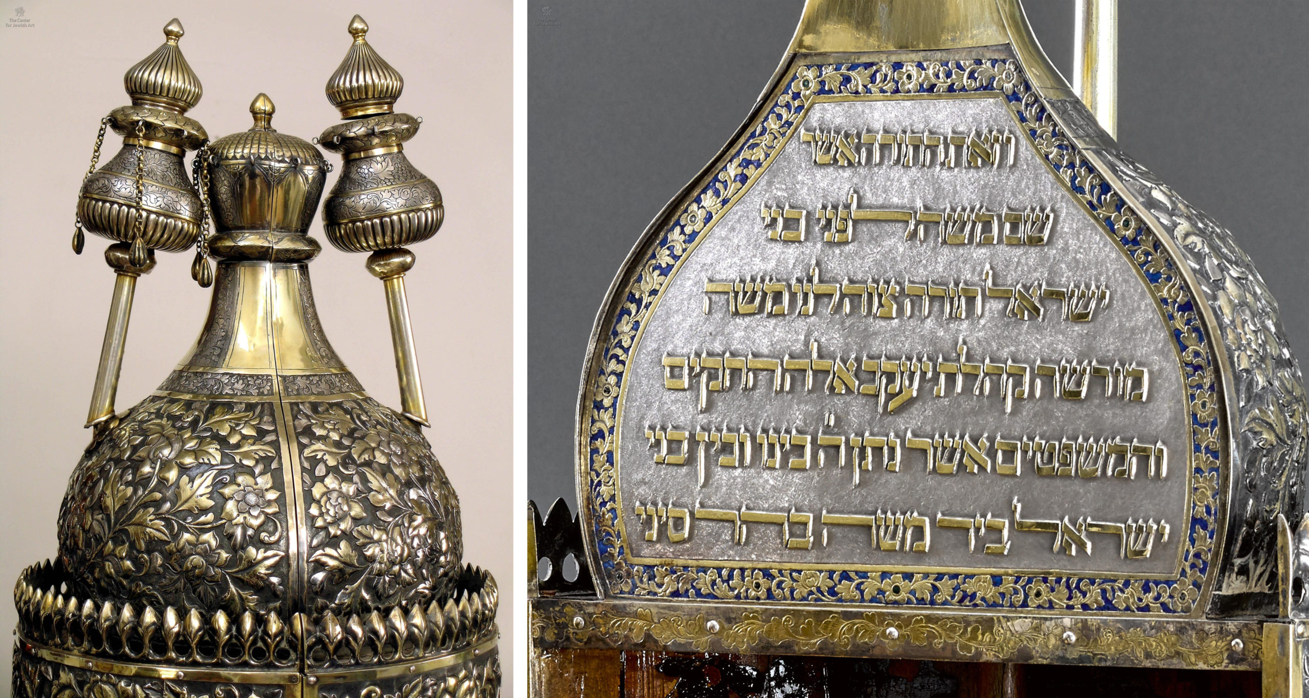 Left: Dome and finials; right: dedication inscription, Torah case, Guangzhou, China, 1886, oxidized silver, silver, and silver-gilt, 92.6 x 30 cm (Center for Jewish Art) 