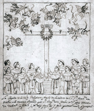 "The first twelve Franciscans," drawn by an unidentified Indigenous artist, to accompany Diego Muñoz Camargo, Description of the City and Province of Tlaxcala, c. 1581–84 (Ms. Hunter 242. Glasgow University Library, Scotland)