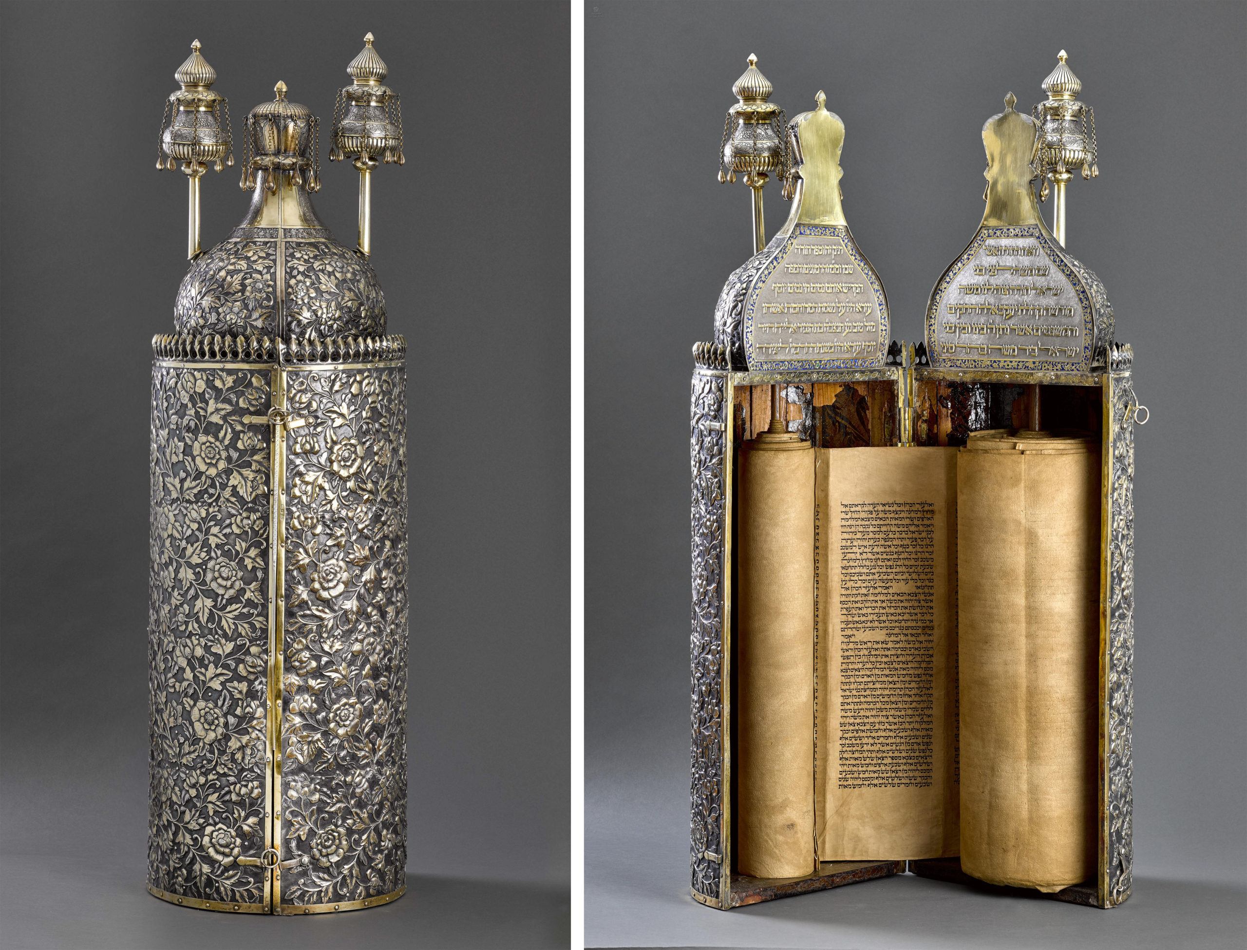 Torah case, Guangzhou, China, 1886, oxidized silver, silver, and silver-gilt, 92.6 x 30 cm (Center for Jewish Art) 