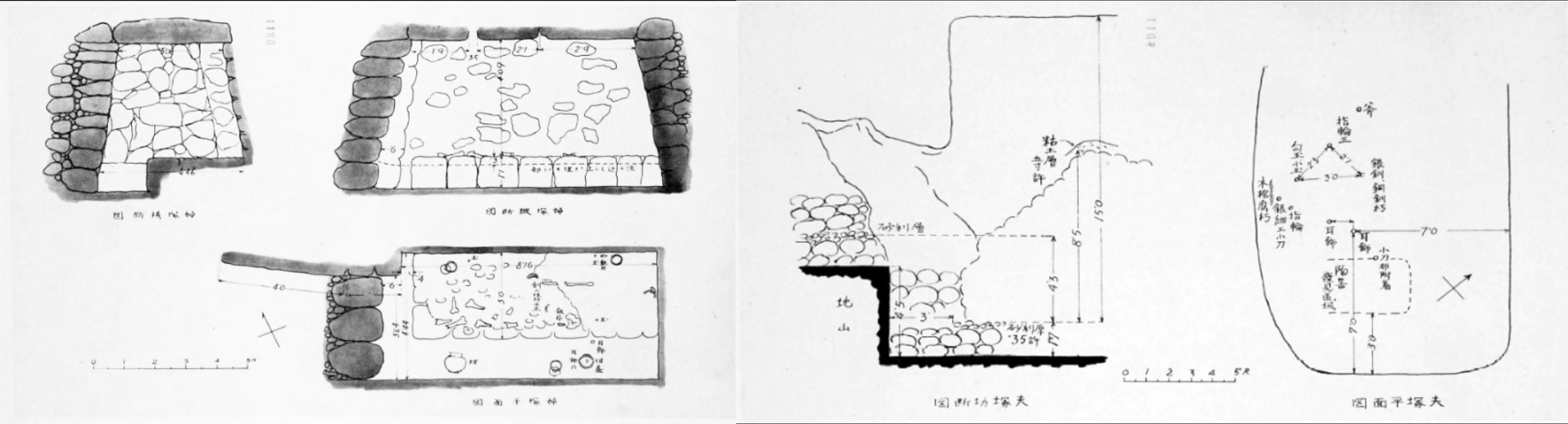 Plan of the stone-chamber tomb with corridor entrance (left) and wooden-chamber tomb with stone mound (right). Both drawings were made in 1915
