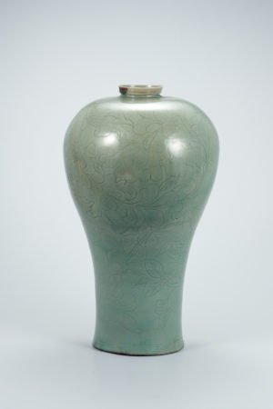 Celadon Prunus Vase with incised lotus and scroll design, ceramic and celadon, 12th century, Goryeo Dynasty, ceramic and celadon, 43.9 cm high (The National Museum of Korea, National Treasure 97)