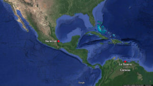 Map showing Veracruz and La Guaira (underlying map © Google)