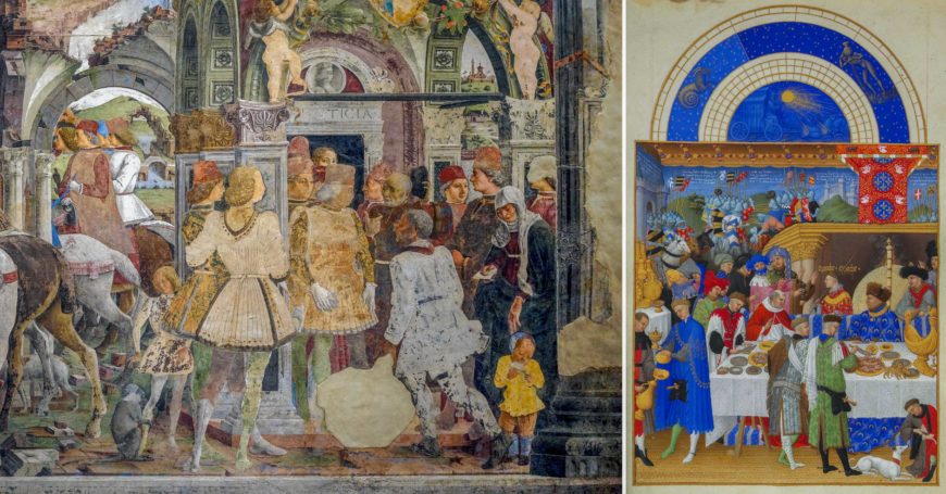 Left: Image of Borso d'Este with this court, March panel, in the Sala dei Mesi, 14560s, Palazzo Schifanoia, Ferrara (photo: Lauren Kilroy-Ewbank, CC BY-NC-SA 2.0); right: Limbourg Brothers, January, from Les Très Riches Heures du Duc de Berry, 1413–16, ink on vellum (Musée Condé, Chantilly)