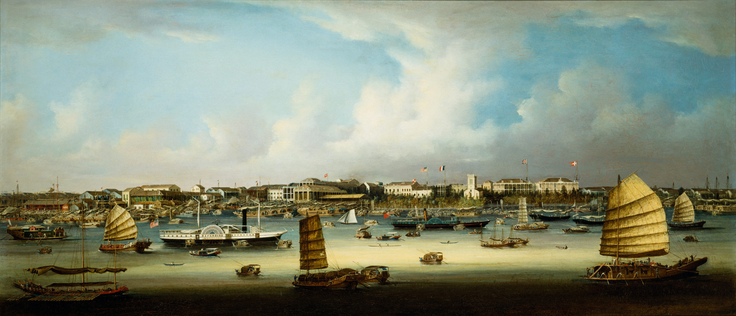 View of the foreign settlement in Guangzhou, 1855–60, Sunqua, oil on canvas, 80.8 x 184.5 cm (Peabody Essex Museum)