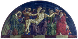 Cosmè Tura, Roverella Altarpiece. Lunette, Pietà, 1470s, oil and tempera on panel. 132 cm x 268 (Louvre)