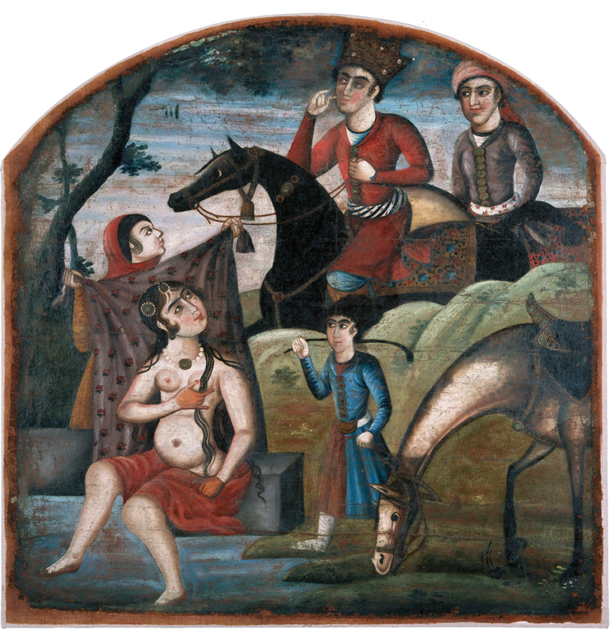 Khusraw Discovers Shirin Bathing, From Pictorial Cycle of Eight Poetic Subjects, mid 18th century, oil on canvas, 91.4 x 88.9 cm, Shiraz, Iran (Brooklyn Museum)