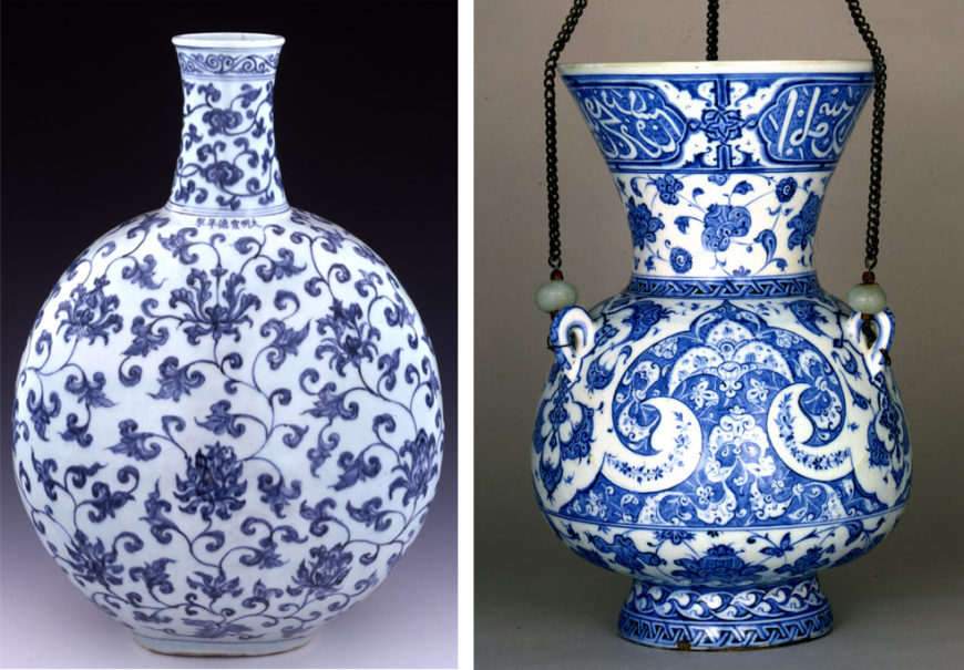 Left: Scrolling lotus flask, Ming dynasty, Jingdezhen, China, 1426–1435 © The Trustees of the British Museum; Right: Mosque Lamp, c. 1510, fritware, Iznik, Turkey; both: © The Trustees of the British Museum