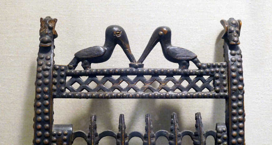 Detail, Chair: Rungs with Figurative Scenes (Ngundja), Chokwe peoples, 19th–20th century, wood, brass tacks, and leather, 99.1 x 43.2 x 61.6 cm, Angola (The Metropolitan Museum of Art; photo: Steven Zucker, CC BY-NC-SA 2.0)