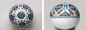 Views of the ornament's bottom half (left) and the ornament upside-down (right). Spherical Hanging Ornament, Iznik, Turkey (Ottoman), c. 1575–85 (Brooklyn Museum)