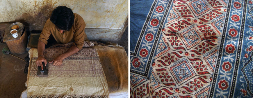 Left: textile production using the Ajrakh block-printing method (photo: Kashif11, CC BY-SA 4.0); right: detail of Ajrakh textile, Khatri community (photo: Rick Bradley, CC BY 2.0)
