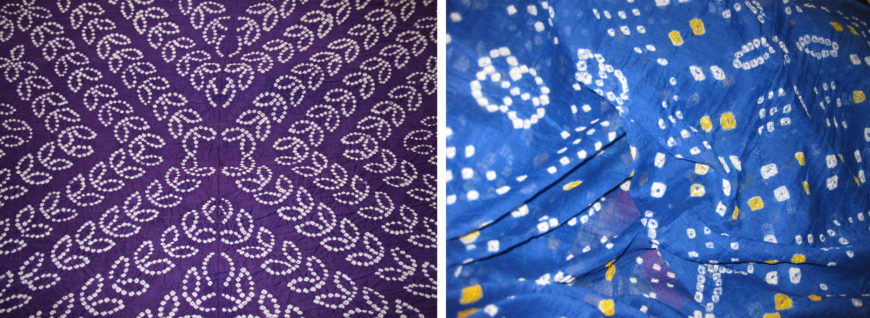 Left: detail of Bandhani sari (photo: Mandayamr); right: detail of Bandhani dupattā (photo: RubyGoes, CC BY 2.0)