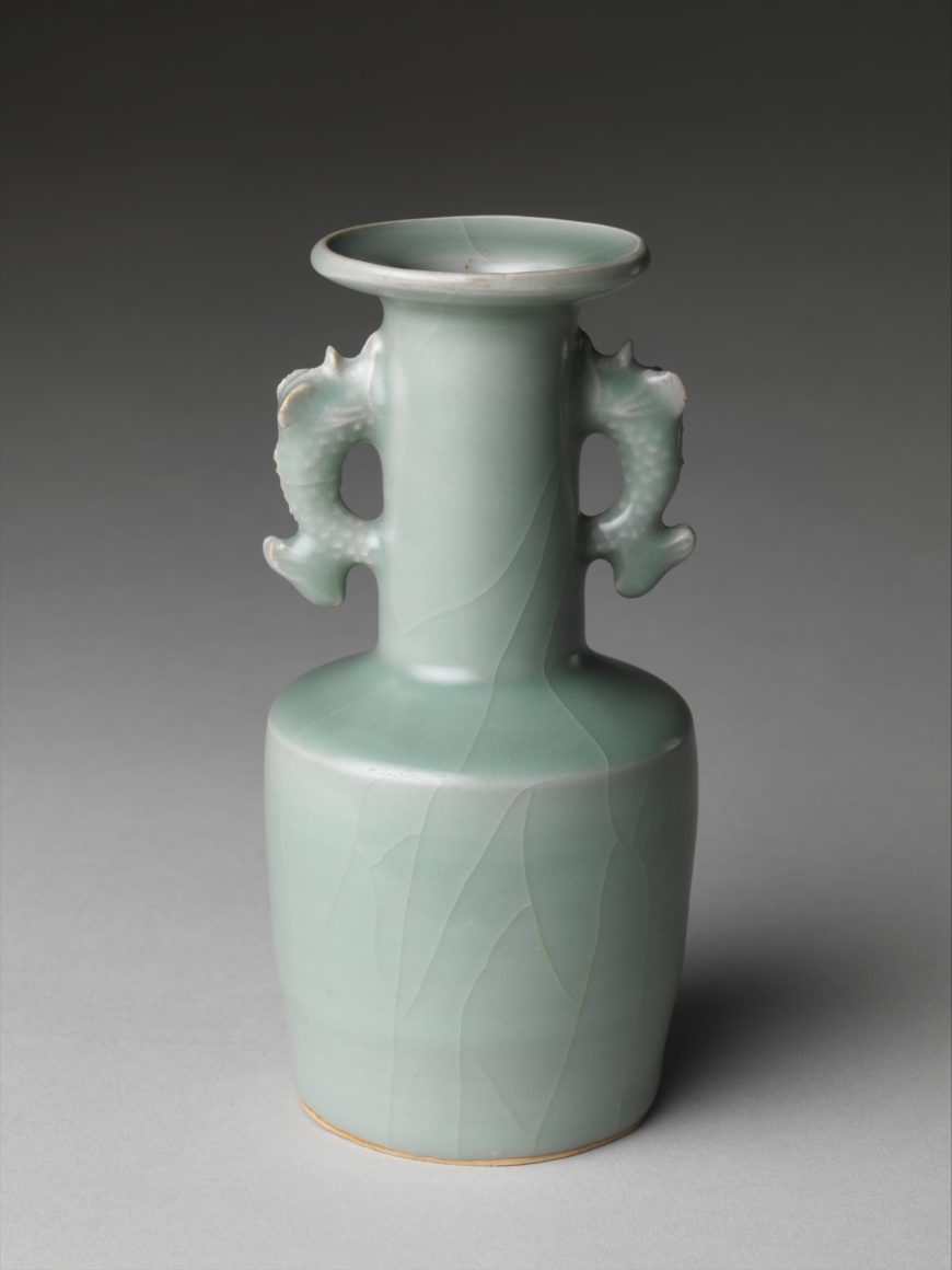 Vase with dragonfish handles, 12th–13th century (Southern Song dynasty), Longquan celadon, 17.1 cm high, China (The Metropolitan Museum of Art)
