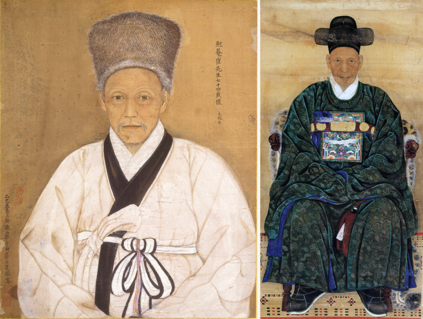 Left: Chae Yongshin, Portrait of Choe Ikhyeon (“Fur Hat” Version), 1905 (Joseon), color on silk, 51.5 x 41.5 cm, Treasure 1510 (National Museum of Korea); right: Chae Yongshin, copy of Portrait of Choe Ikhyeon, Joseon, color on silk, 97 x 53 cm (Chaesansa Shrine) 