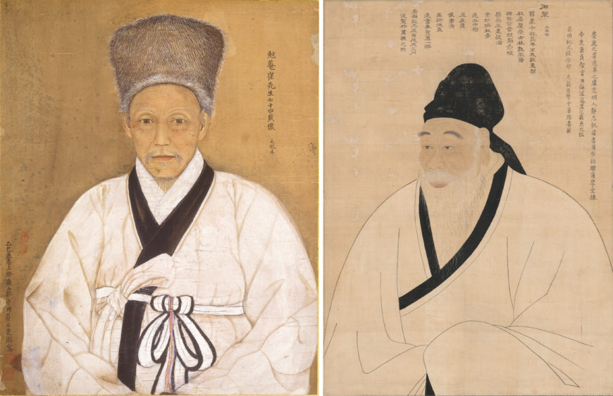 Comparison between the attire of Choe Ikhyeon and the traditional attire of Joseon literati: a bokgeon and simui. Left: Chae Yongshin, Portrait of Choe Ikhyeon (“Fur Hat” Version), 1905 (Joseon), color on silk, 51.5 x 41.5 cm, Treasure 1510 (National Museum of Korea); right: Portrait of Song Siyeol, late Joseon Dynasty, ink and colors on silk, 89.7 x 67.6 cm, National Treasure 239 (National Museum of Korea)