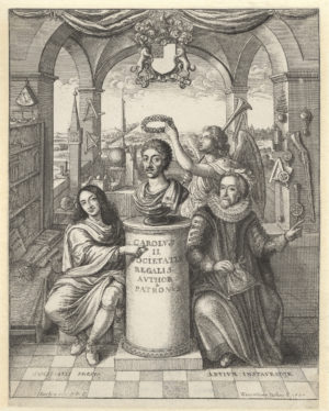 Frontispiece to Thomas Sprat, The History of the Royal-Society of London, etching by Winceslaus Hollar, after John Evelyn, 1667. "The book was a manifesto of the Society's aims and methods....primarily aimed at the king in the (unrealised) hope that he would fund their future activities. The frontispiece flatters Charles II by presenting him as a classical bust being wreathed by an allegorical figure of Fame. The Society President, Viscount Brouncker, points to the Latin inscription 'Charles II founder and Patron of the Royal Society.' Francis Bacon, gesturing towards an array of scientific instruments, is identified as the 'Renewer of Arts'." © National Portrait Gallery, London