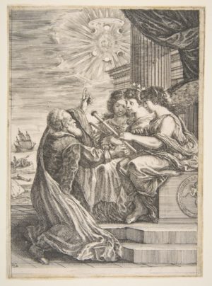 Frontispiece for the Opere di Galileo Galilei, 1656, etching, 17.8 x 24.9 (The Metropolitan Museum of Art, New York). Galileo is shown kneeling before personifications of mathematics (holding a compass), astronomy (with the crown of stars) and optics.