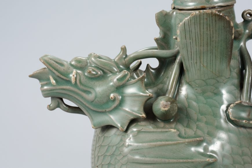 Detail, celadon dragon-shaped ewer, 12th century (Goryeo), 24.3 x 10.3 cm, National Treasure 61 (National Museum of Korea)