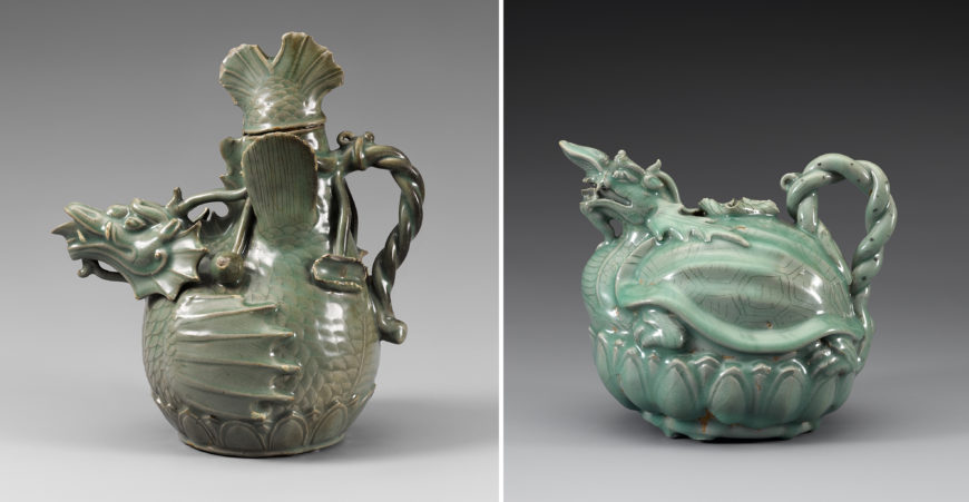 Left: celadon dragon-shaped ewer, 12th century (Goryeo), 24.3 x 10.3 cm, National Treasure 61 (National Museum of Korea); right: celadon turtle-shaped ewer, 12th century (Goryeo), 17.3 x 20.2 cm, National Treasure 96 (National Museum of Korea)