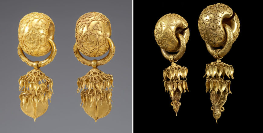 Left: gold earrings from Bubuchong Tomb, mid-6th century (Silla Period), Bomun-dong, Gyeongju, National Treasure 90 (National Museum of Korea); right: gold earrings, 5th–6th century (Silla Period), 9 cm long, 3.6 cm diameter, Treasure 557 (Leeum, Samsung Museum of Art)
