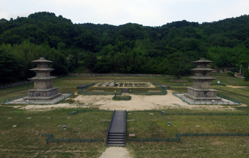 Gameunsa Temple site, west stone pagoda (left) and east stone pagoda (right), c. 682 (Unified Silla Kingdom), Gyeongju, Historic Site 31 (photo: Cultural Heritage Administration of the Republic of Korea)