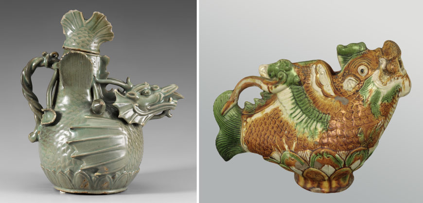 Left: celadon dragon-shaped ewer, 12th century (Goryeo), 24.3 x 10.3 cm, National Treasure 61 (National Museum of Korea); right: sancai ewer in the form of a ﬁsh-dragon, second half of the 11th century (Liao dynasty), lead-glazed earthenware, 22.3 x 30 x 9 cm, Tongliao City, Inner Mongolia (Museum of Tongliao City)