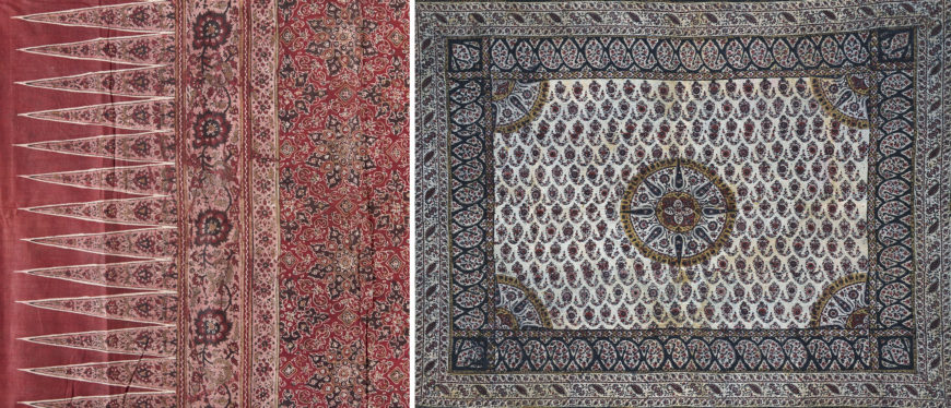 Left: chevron (detail), skirt cloth (Kain Sembagi) with chevron pattern, late 19th–early 20th century (Andhra Pradesh), cotton and natural dyes, 260 x 113 cm (Museum of Art and Photography, Bengaluru); right: paisley (detail), Kalamkari with paisley motifs, 20th century (Andhra Pradesh), cotton and natural dyes, 113 x 88 cm (Museum of Art and Photography, Bengaluru)