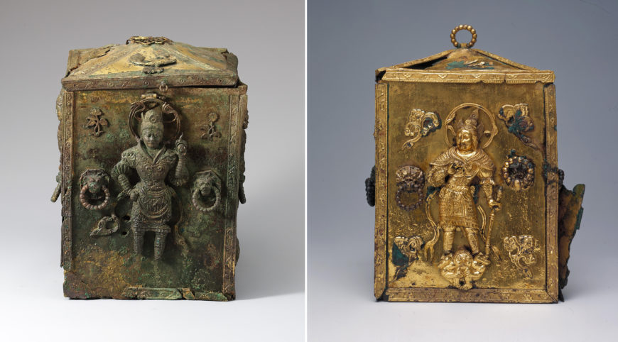 Gilt-bronze outer sarira containers embossed with images of the Four Heavenly Kings from the west (left) and east (right) pagodas, Gameunsa Temple, c. 682 (Unified Silla Kingdom), Gyeongju, Treasure 366 (National Museum of Korea)