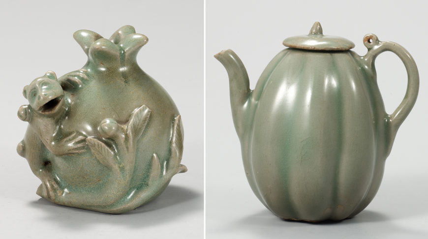 Left: celadon pomegranate-shaped water dropper, Goryeo, 8 cm high (National Museum of Korea); right: celadon melon-shaped ewer, Goryeo, 8.8 x 2.1 cm (National Museum of Korea)