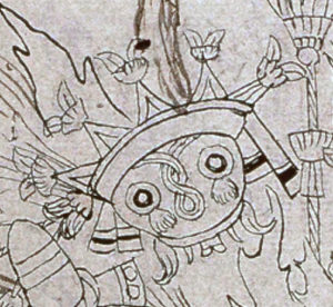 Detail of Tlaloc from the "Burning of Idols," drawn by an unidentified Indigenous artist, to accompany Diego Muñoz Camargo, Description of the City and Province of Tlaxcala, c. 1581–84 (Ms. Hunter 242, fol. 242r. ˝ Glasgow University Library, Scotland)