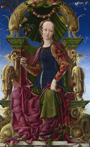 Created for the d’Este family’s hunting retreat of Belfiore, this image of the muse Calliope (a mythological figure embodying inspiration) was commissioned by Borso d’Este, ruler of Ferrara. Cosmè Tura, The Muse Calliope, 1455-60, oil and tempera on panel, 116.2 × 71.1 cmCosmè Tura, The Muse Calliope, 1455-60, oil and tempera on panel, 116.2 × 71.1 cm