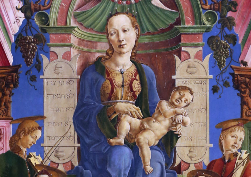 Cosmè Tura, Virgin and Child with Musician Angels, central panel of the Roverella Altarpiece, 1470s, oil and tempera on panel, 239 x 101.6 cm (National Gallery)