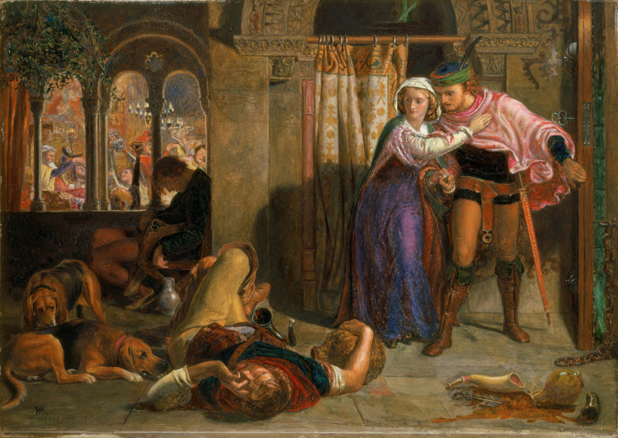 William Holman Hunt, The flight of Madeline and Porphyro during the drunkenness attending the revelry (The Eve of St. Agnes), smaller version of the painting exhibited at the Royal Academy, begun as a sketch, 1847–57, oil on panel, 355 x 252 cm (Walker Art Gallery, Liverpool)