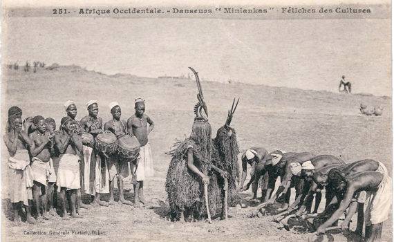 François-Edmond Fortier (French, Celles-sur-Plaine 1862–1928 Dakar), Afrique Occidentale- Danseurs "Miniankas"- Fétiches des Cultures, 1905-06. Photomechanical print; 5 1/4 × 3 1/4 in. (13.3 × 8.3 cm). Visual Resource Archive, Department of the Arts of Africa, Oceania, and the Americas. The Metropolitan Museum of Art, New York. Accession Number: VRA.PC.AF.017.