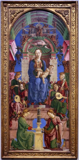 Cosmè Tura, Roverella Altarpiece. Central Panel, Virgin and Child with Musician Angels, 1470s, oil and tempera on panel, 239 x 101.6 cm