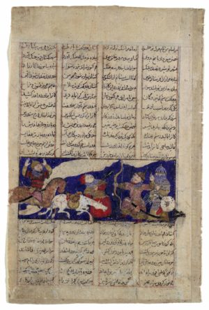 "The Combat of Rustam and Ashkabus," Folio from a Shahnama (Book of Kings), c. 1330–40, ink, opaque watercolor, gold, and silver on paper, 20.3 x 13.2 cm, Iran (The Metropolitan Museum of Art)