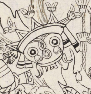 Detail of Tlaloc, "Burning of Idols," drawn by an unidentified Indigenous artist, to accompany Diego Muñoz Camargo, Description of the City and Province of Tlaxcala, c. 1581–84 (Ms. Hunter 242, fol. 242r, Glasgow University Library, Scotland, CC BY-NC 4.0)