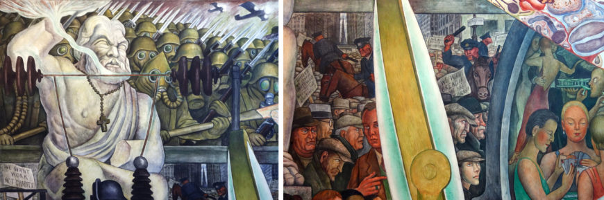 Left: Brutalities of WWI, including poison gas and machine guns (detail), Diego Rivera, Man Controller of the Universe, 1934, fresco, 480 x 1145 cm (Palacio de Bellas Artes, Mexico City; photo: Steven Zucker, CC BY-NC-SA 2.0); right: Sculpture base surrounded by workers fighting against the police while the wealthy indulge in debauchery (detail), Diego Rivera, Man Controller of the Universe, 1934, fresco, 480 x 1145 cm (Palacio de Bellas Artes, Mexico City; photo: Steven Zucker, CC BY-NC-SA 2.0)