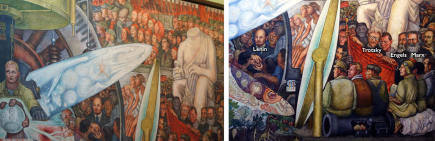 Left: Defaced classical sculpture surrounded by the political figures of the Russian Revolution (detail), Diego Rivera, Man Controller of the Universe, 1934, fresco, 480 x 1145 cm (Palacio de Bellas Artes, Mexico City; photo: Steven Zucker, CC BY-NC-SA 2.0); right: political figures of the Russian Revolution (detail), Diego Rivera, Man Controller of the Universe, 1934, fresco, 480 x 1145 cm (Palacio de Bellas Artes, Mexico City; photo: Steven Zucker, CC BY-NC-SA 2.0)