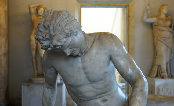 Dying Gaul, marble, Roman marble copy (1st century B.C.E.) of a Greek sculpture (c. 220 B.C.E) (Capitoline Museum, Rome), found in Rome in the early 1600s, 93 x 89 x 186.5 cm (Musei Capitolini, Rome)